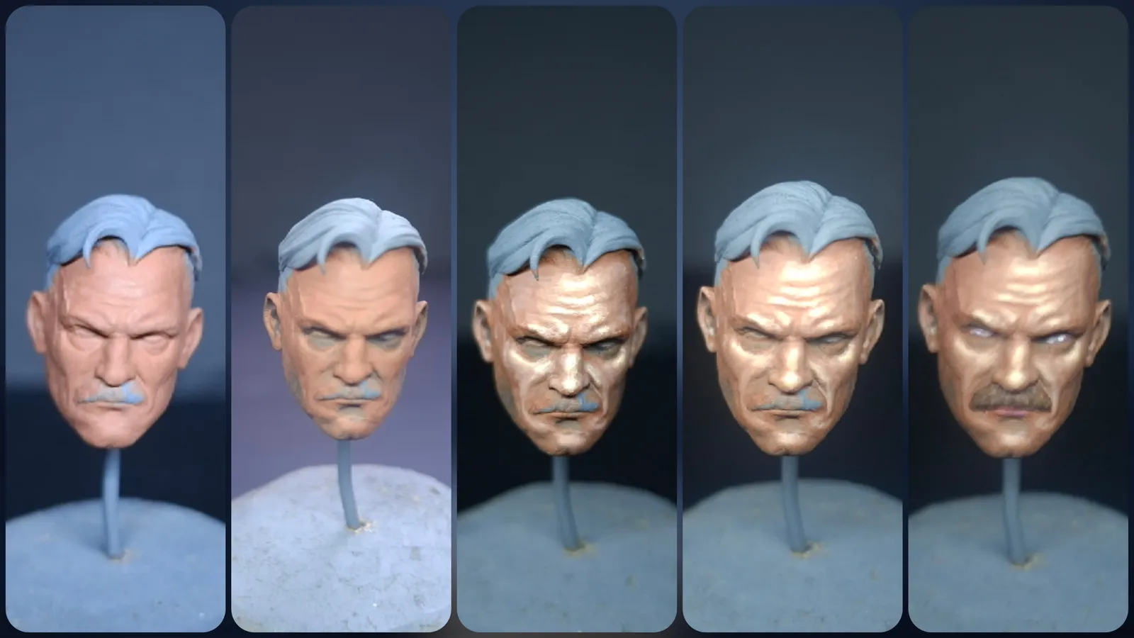 Days 2 to 6: five faces showing basecoat, shadows, highlights and refined transitions
